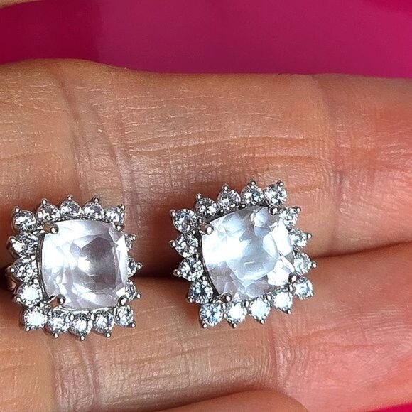 Natural Roze Quartz & CZ 925 Sterling Silver  Earrings - Picture 2 of 9